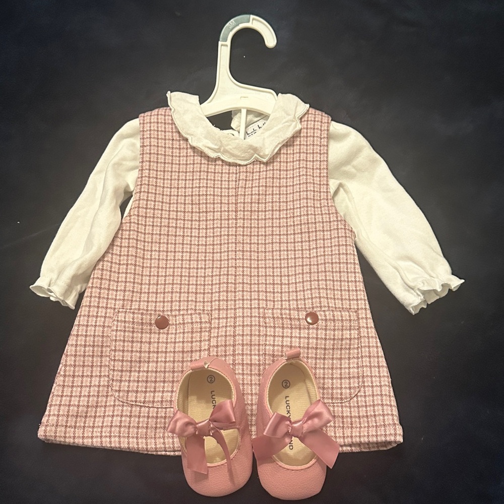 Pink Checkered Kids Dress with White Top Plus Shoes